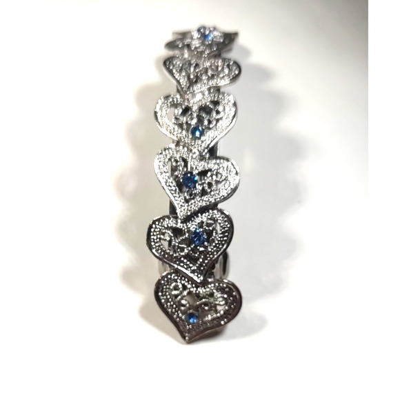 Hair Barrette Tension Clip Silver Tone Hearts Blue Purple Rhinestone 4" Long - Picture 4 of 7